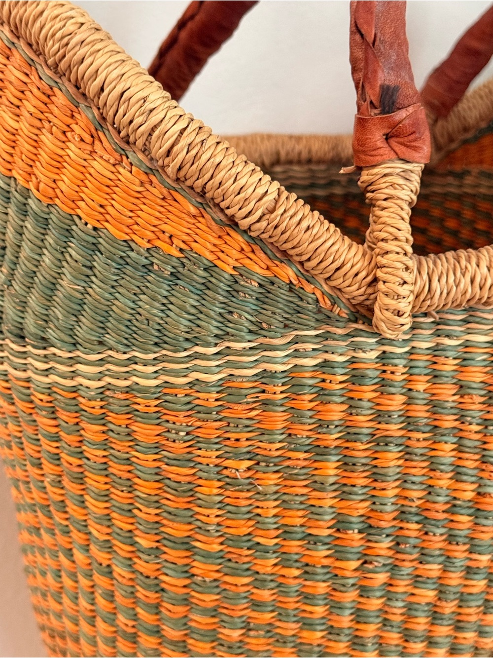 Handwoven African Straw Tote in Orange, Green and Natural with Leather Handles - Picture 4 of 11